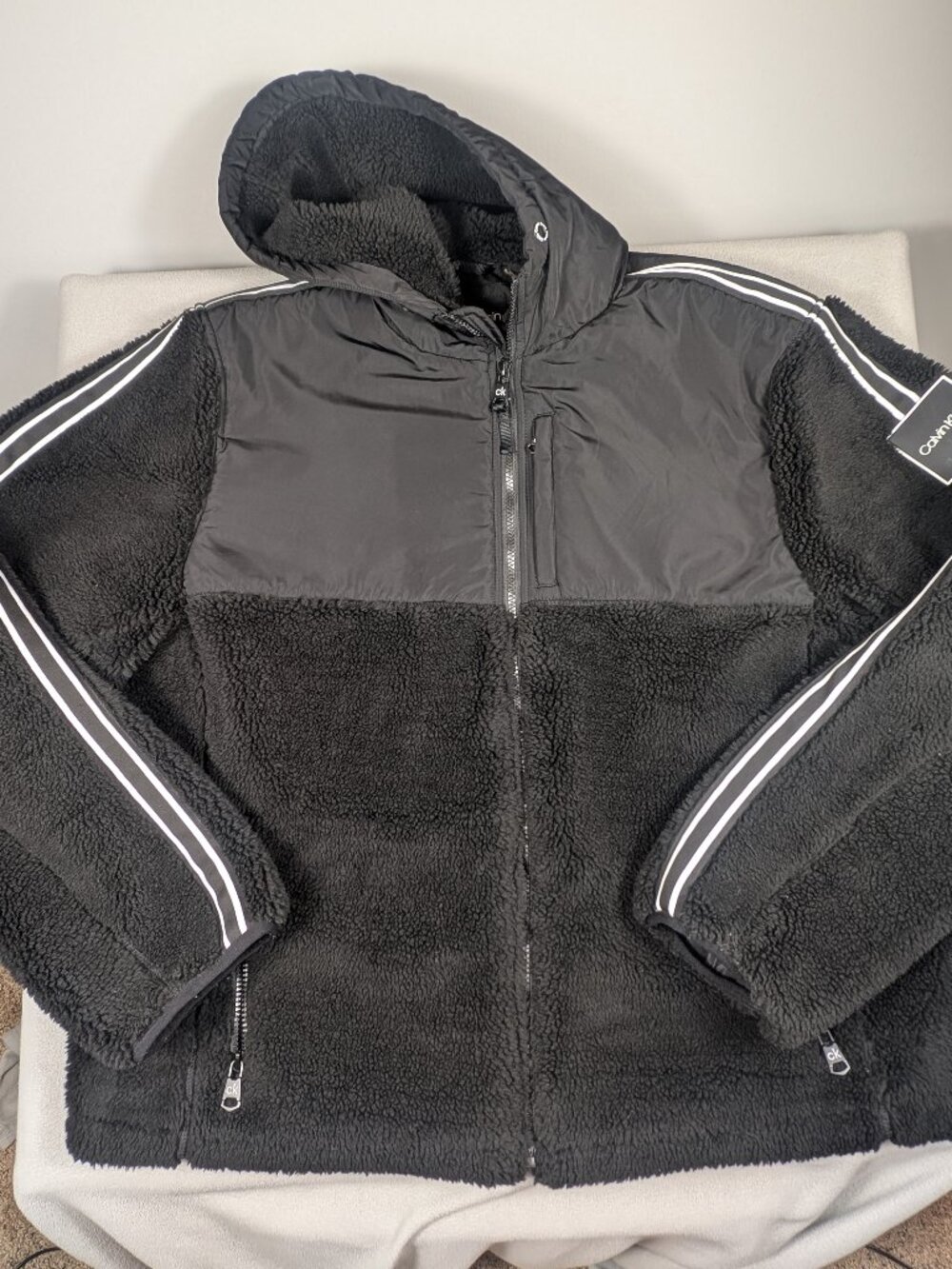 Calvin Klein Mens XXL Sherpa Fleece Jacket Black Hooded Full Zip Striped CK